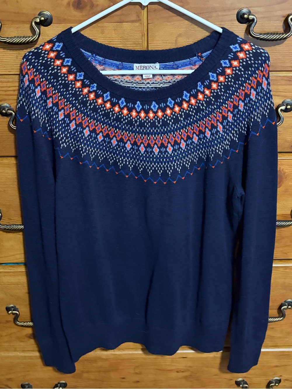 Merona Navy Fair Isle Crewneck Sweater with Orange & White Accents